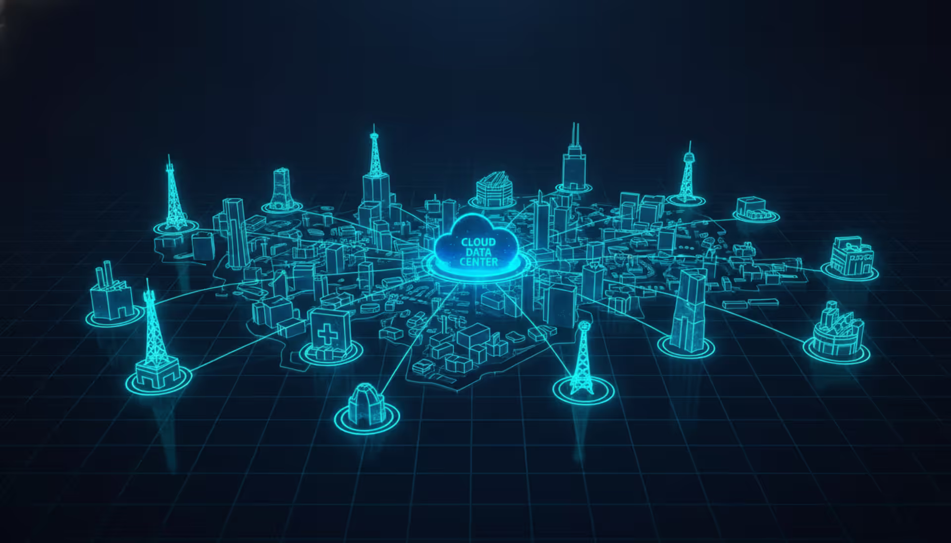 A futuristic city map showing distributed edge computing nodes connected by glowing data lines to a central cloud data center, dark blue background with neon highlights