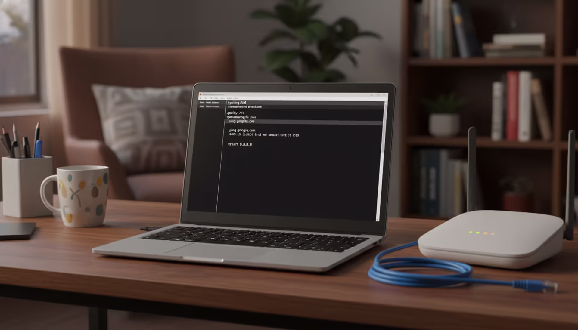 Laptop showing Windows Command Prompt with network commands on a desk next to a Wi-Fi router and Ethernet cable in a home office setting