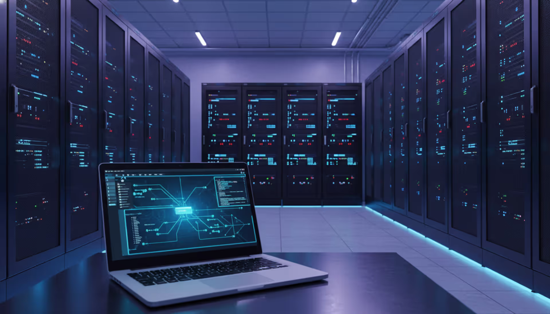 Modern server room with network racks and glowing LED indicators, laptop displaying automation interface in foreground, blue and purple ambient lighting