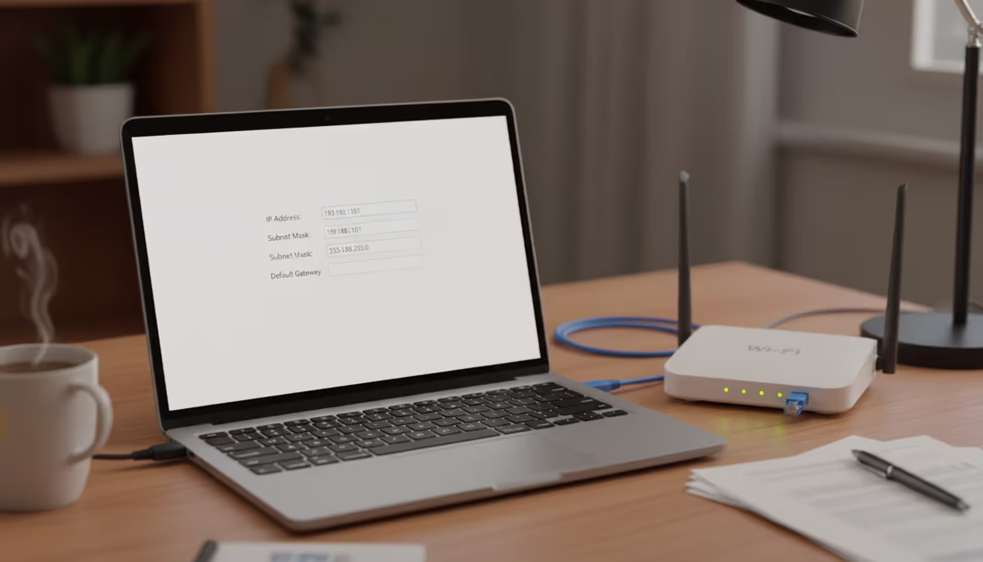 Laptop showing network settings window next to a Wi-Fi router with glowing LED indicators on a home office desk