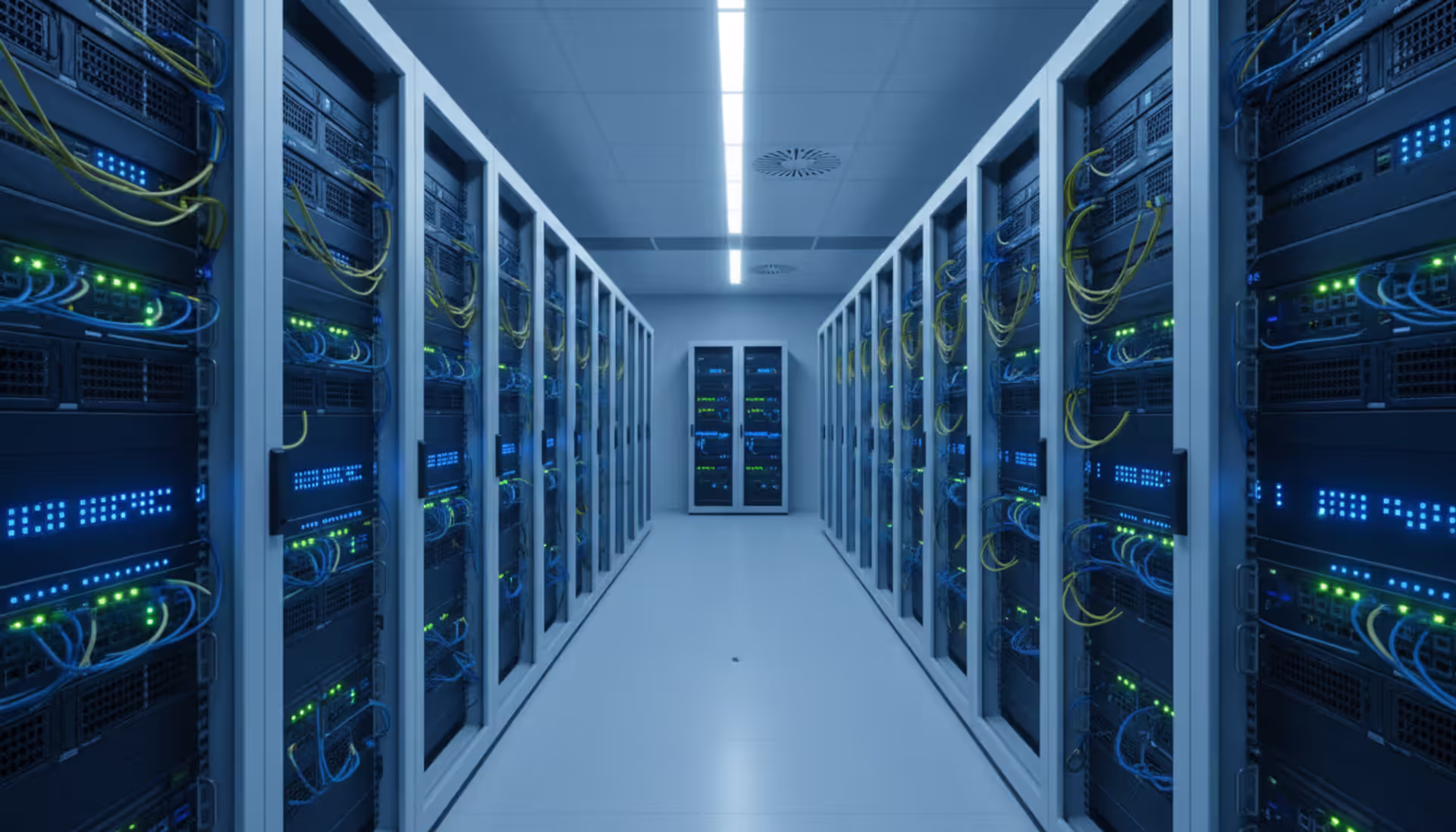 Modern enterprise server room with rows of network racks, blue LED indicator lights, and organized cable management in a long corridor perspective