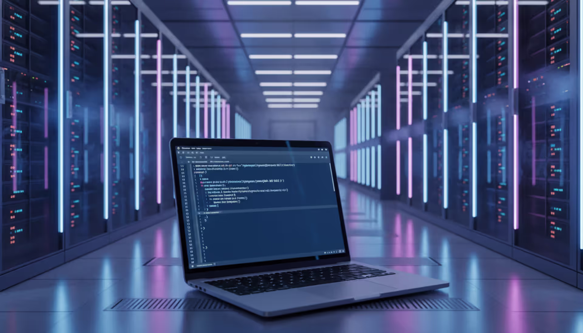 Laptop with code editor open in front of illuminated server room racks in a modern data center