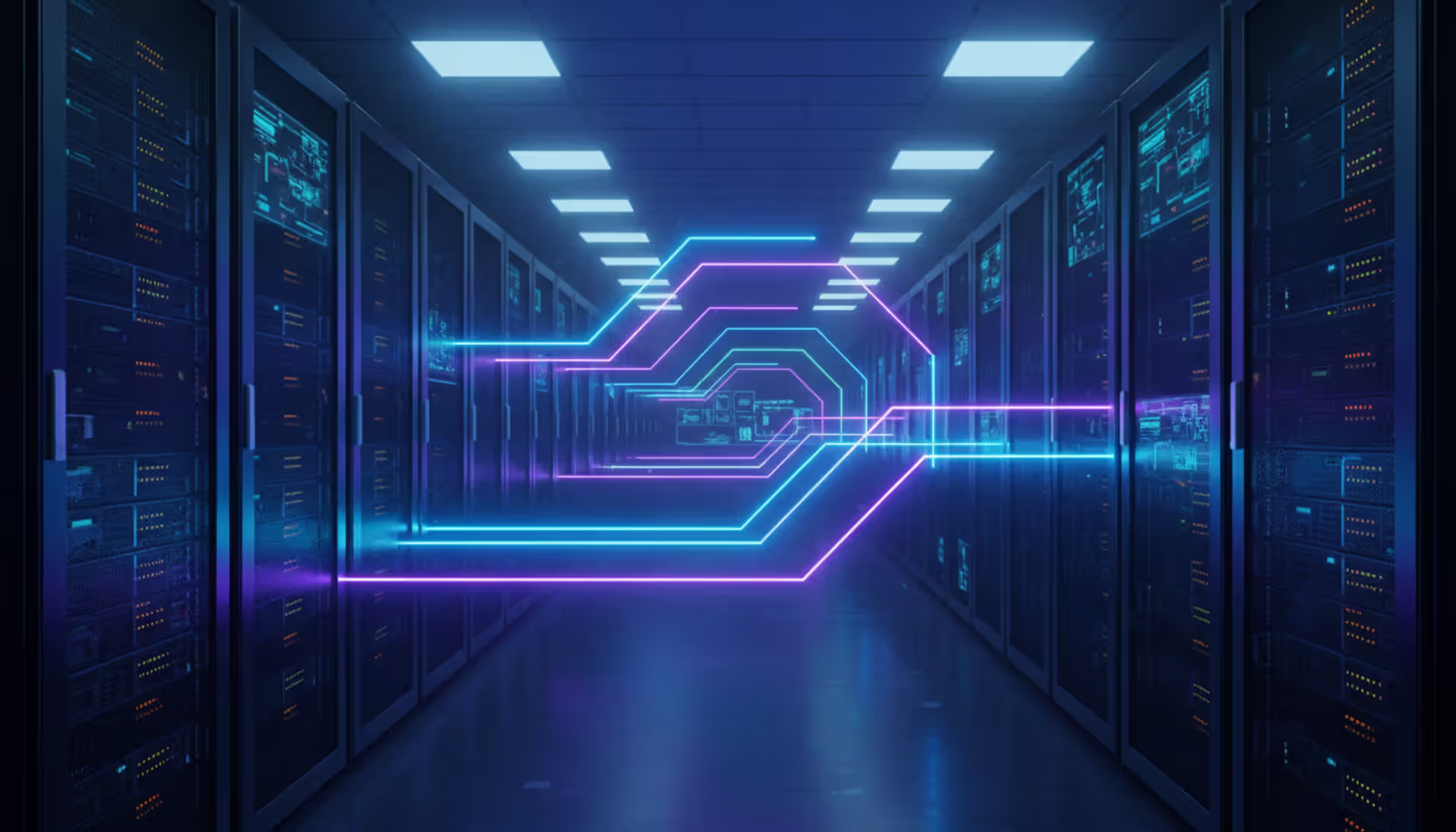 Secure server room with glowing encrypted VPN tunnel connections between network equipment racks in dark blue lighting