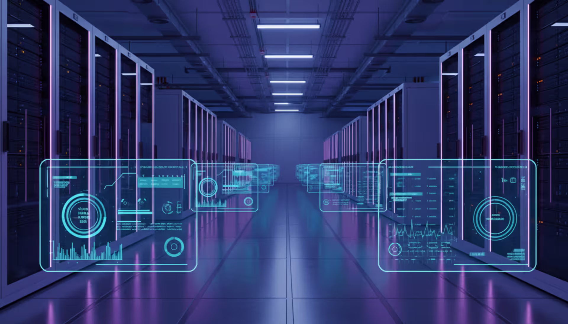 Modern data center with server racks illuminated by blue and purple neon lights, holographic performance monitoring dashboards floating in the foreground showing graphs and status indicators