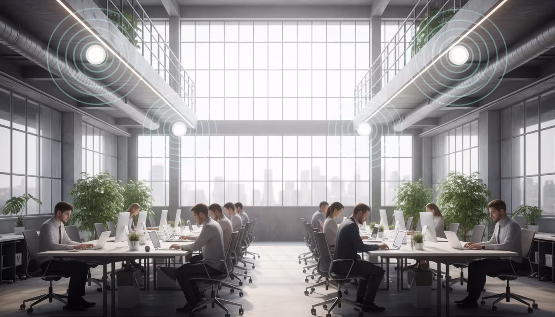 Modern open-plan office with ceiling-mounted Wi-Fi access points emitting wireless signal waves, employees working on laptops