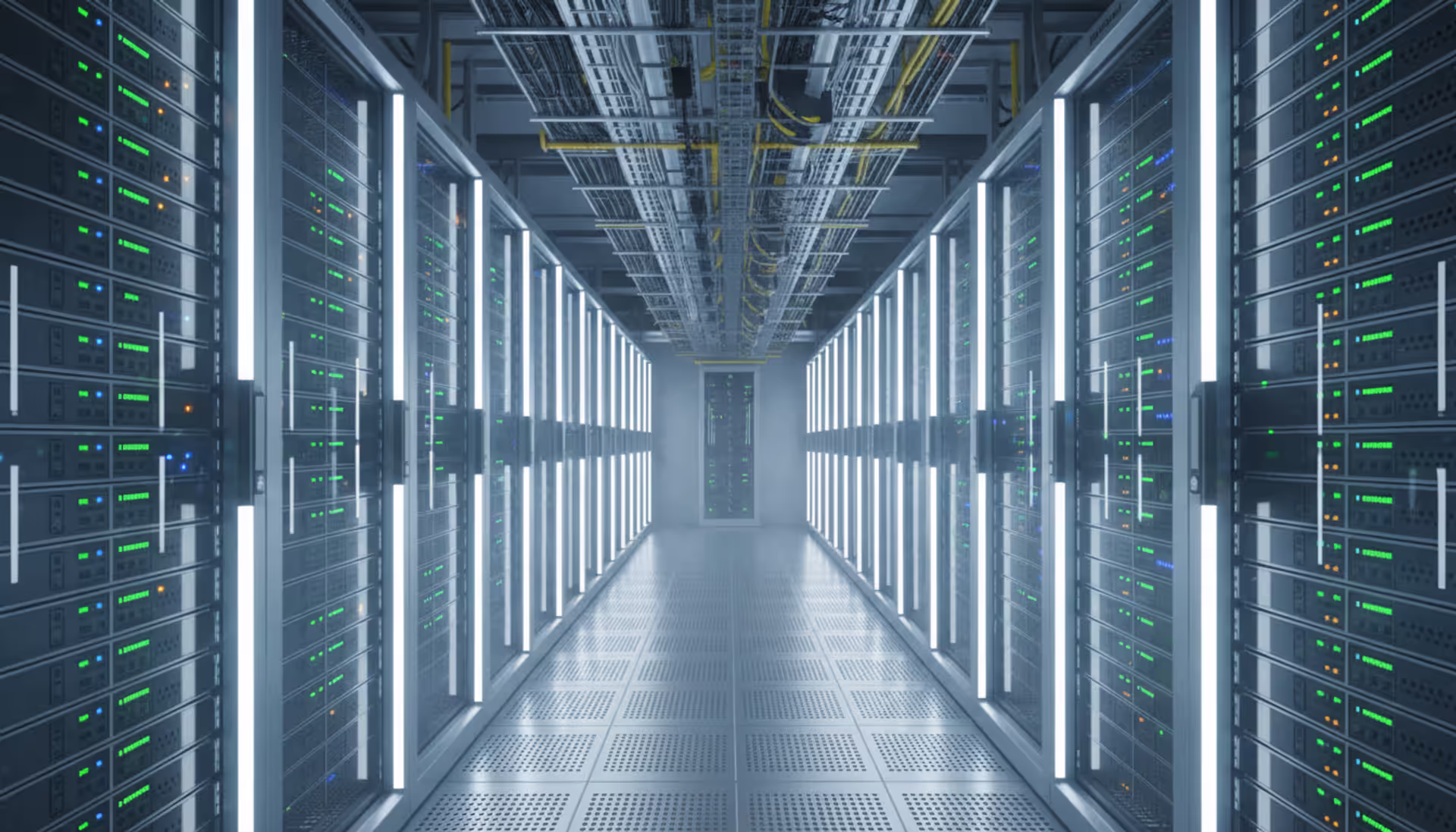Modern data center corridor with illuminated server racks, blue LED lighting, and raised floor cooling system