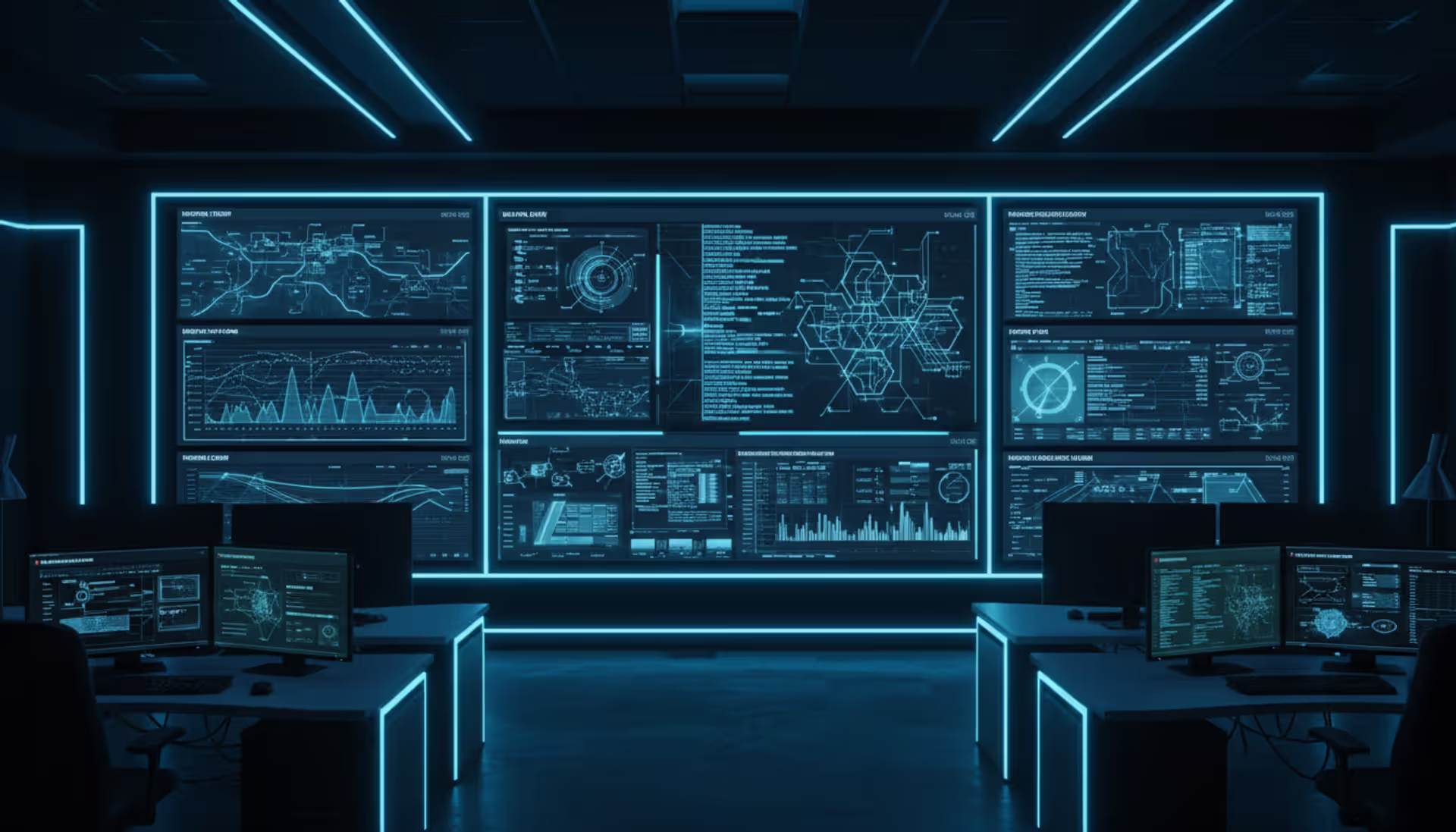 Modern network operations center with large wall-mounted displays showing network traffic graphs and topology diagrams in blue neon lighting
