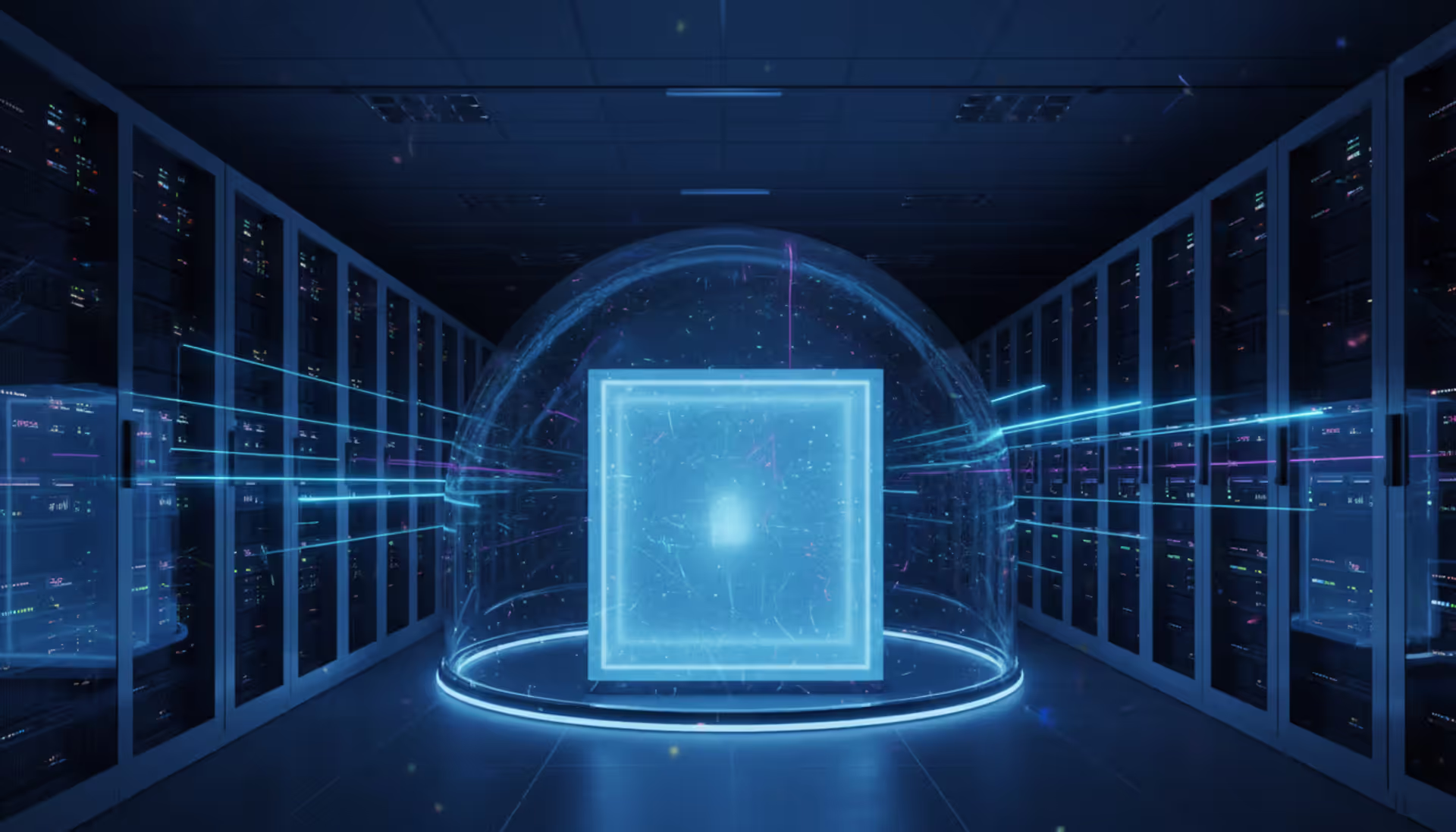 Modern data center with glowing blue isolated network zone inside server racks representing virtual private cloud concept