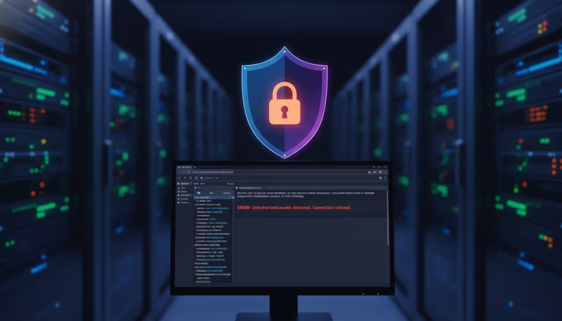 Browser console showing HTTP header error messages with a security shield icon and blurred server racks in the background