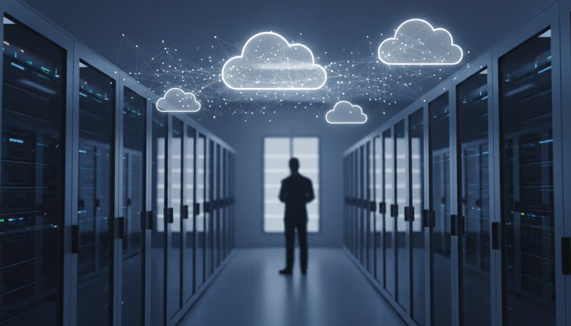 Modern data center with glowing server racks and translucent cloud symbols floating above, representing cloud migration concept with an IT professional silhouette in foreground