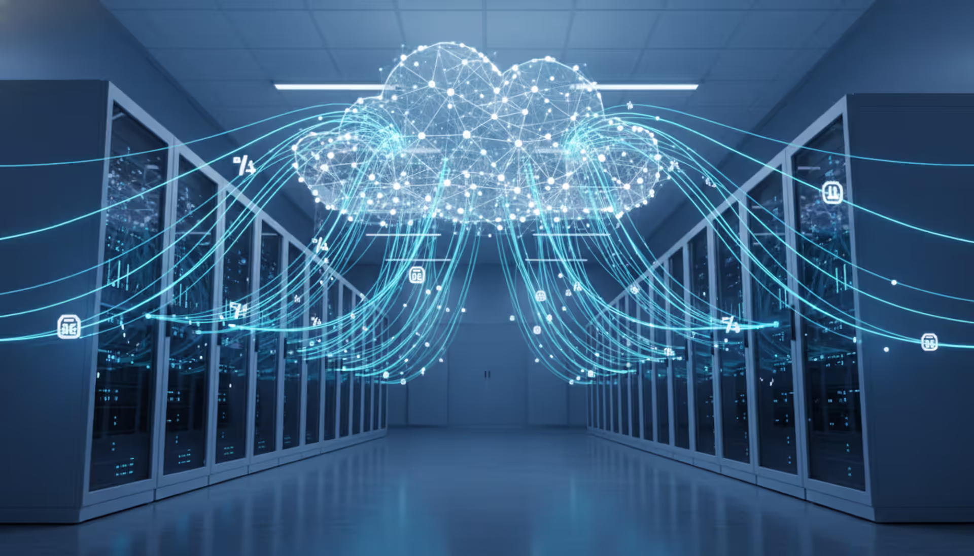 Enterprise data center with glowing data streams flowing upward into a stylized cloud network, dark blue and white color scheme
