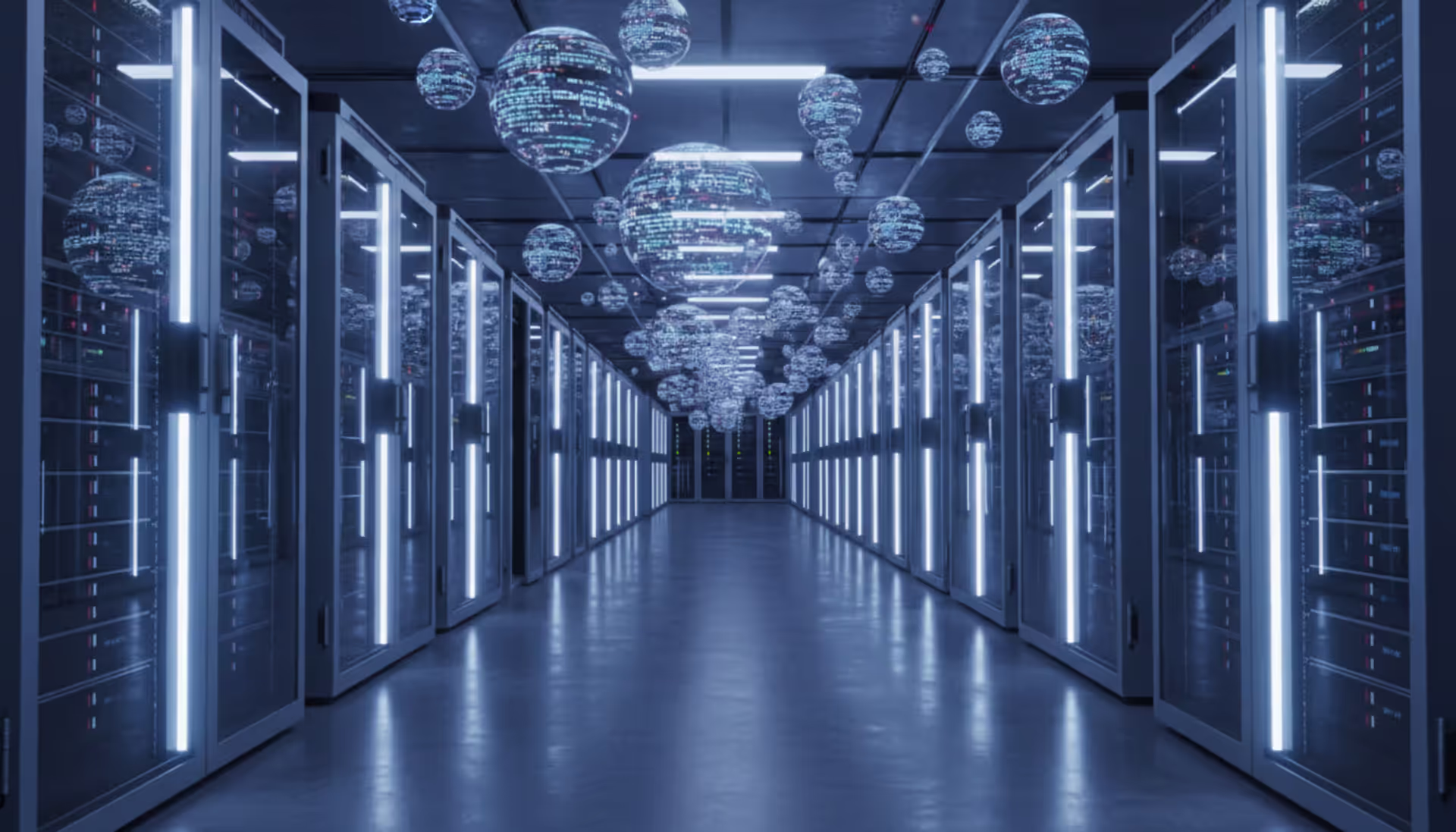 Modern data center corridor with glowing server racks and abstract floating digital spheres representing data objects