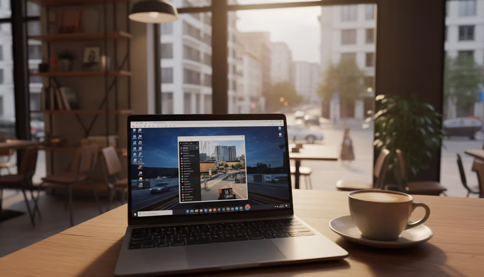 Laptop in a coffee shop showing remote desktop connection to a home computer with a cityscape visible through the window