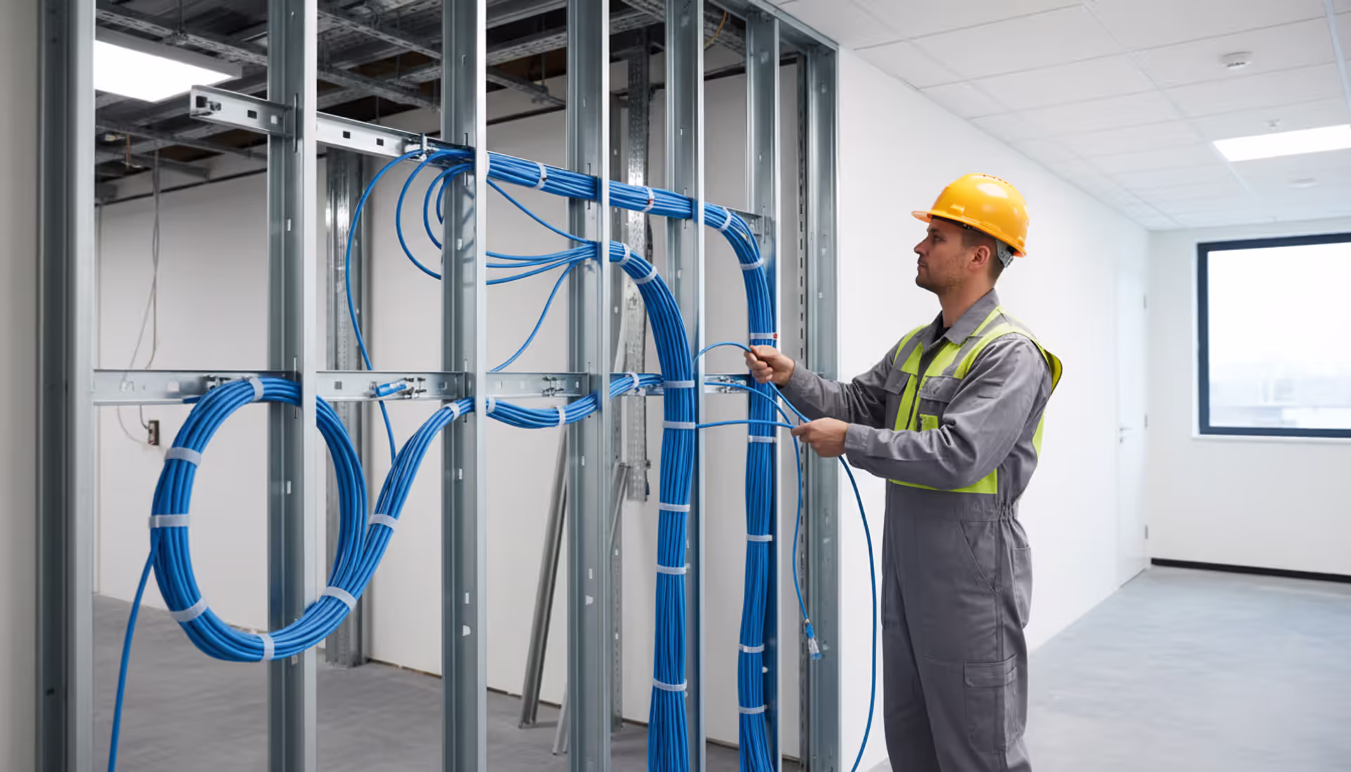 Professional technician installing structured network cabling through open wall in modern office building with organized blue Ethernet cable bundles