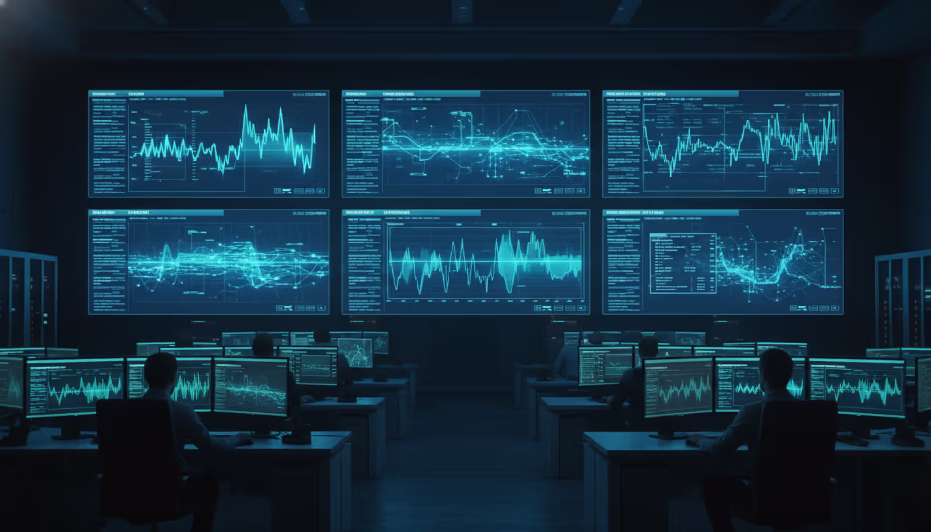 Modern network operations center with large screens displaying network traffic flows and packet data visualization in dark blue tones