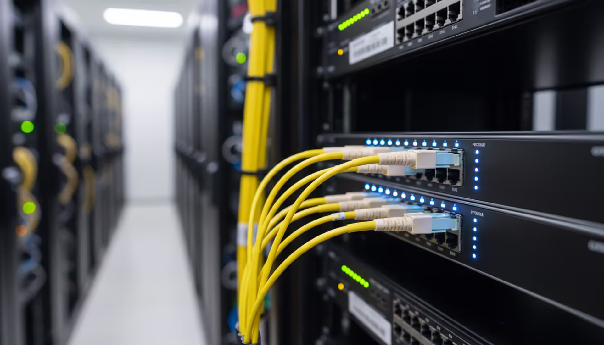 Yellow single mode fiber optic cables with LC connectors plugged into a network switch in a modern data center rack with blue LED indicators