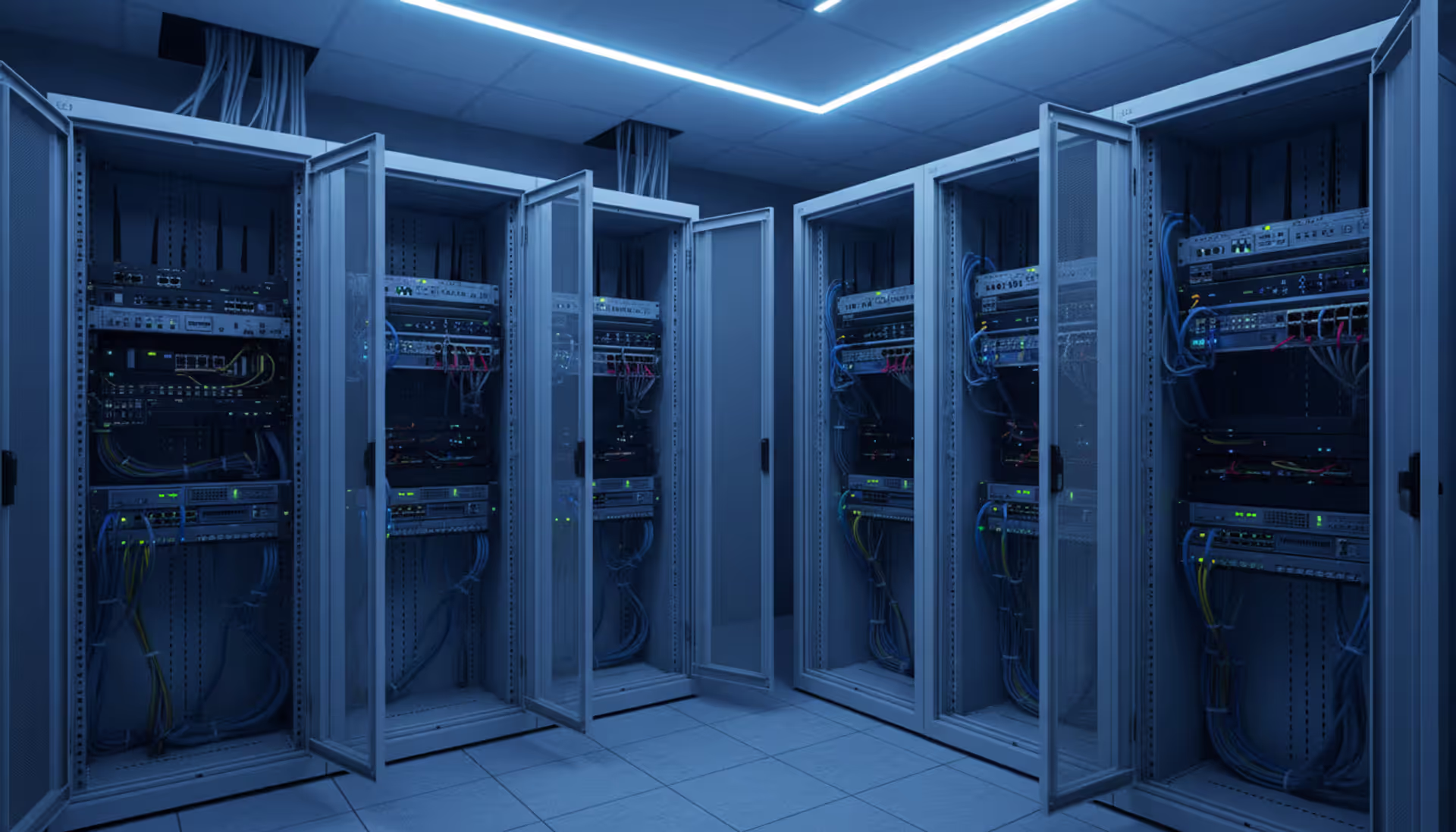 Modern small business server room with network router, switch, and neatly organized Ethernet cables with blue LED indicator lights