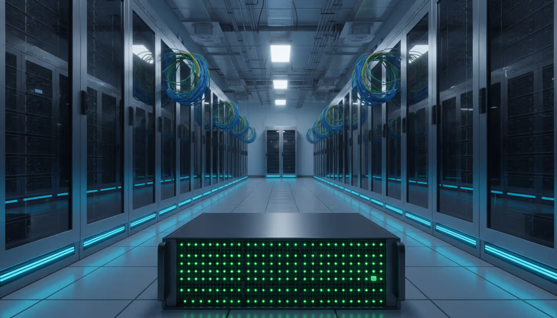 Modern enterprise data center corridor with server racks, fiber optic cables, and a SAN switch with glowing port indicators
